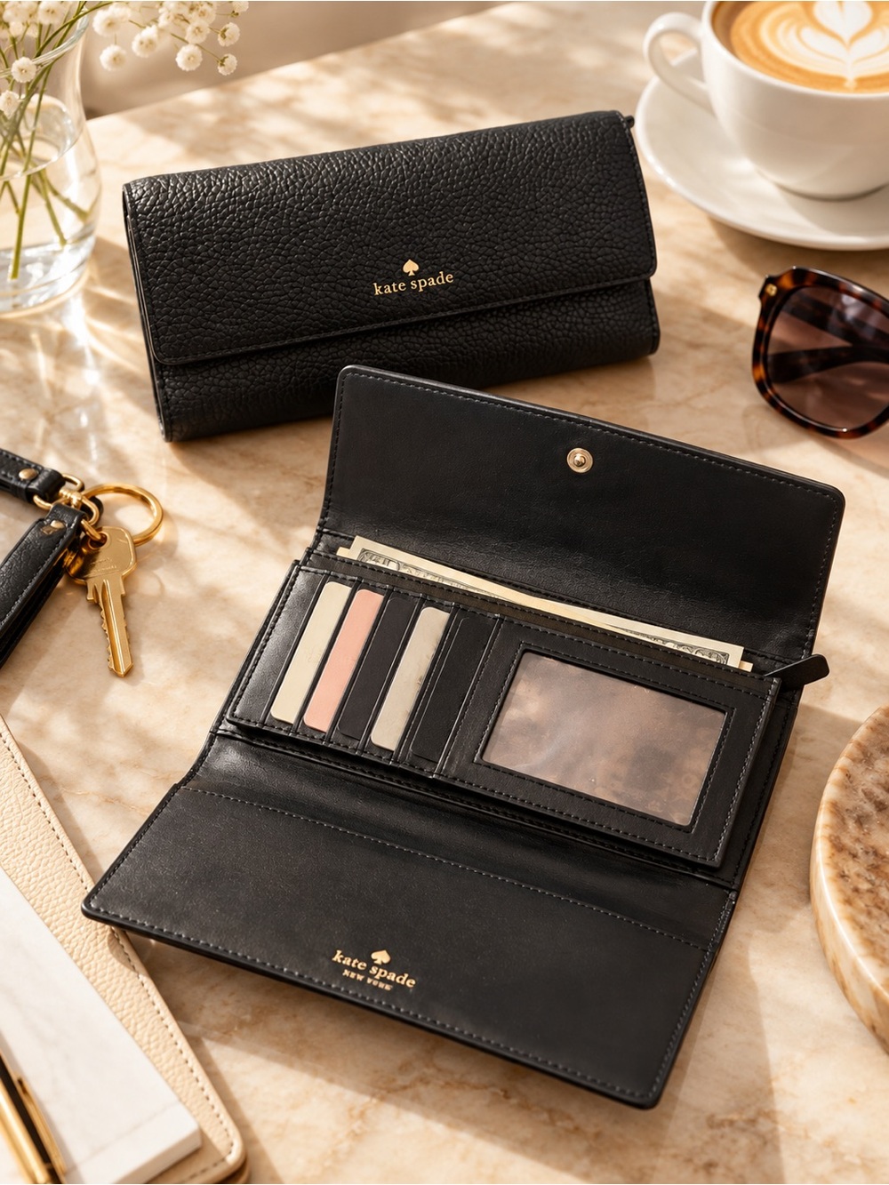 🖤🖤kate spade Black Pebbled & Smooth Leather Continental Wallet with Gold Logo